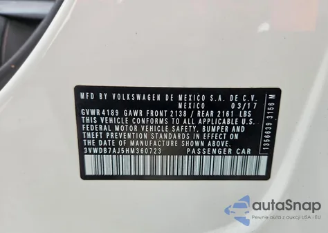 2017 Volkswagen Jetta Se z USA, uszkodzony, nr VIN 3VWDB7AJ5HM360723